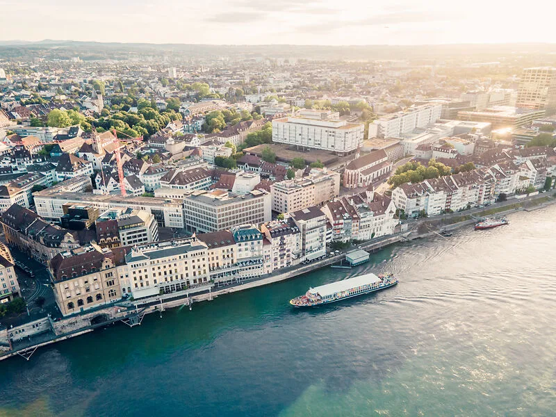 Aerial shot of Basel by the Rhein 800px
