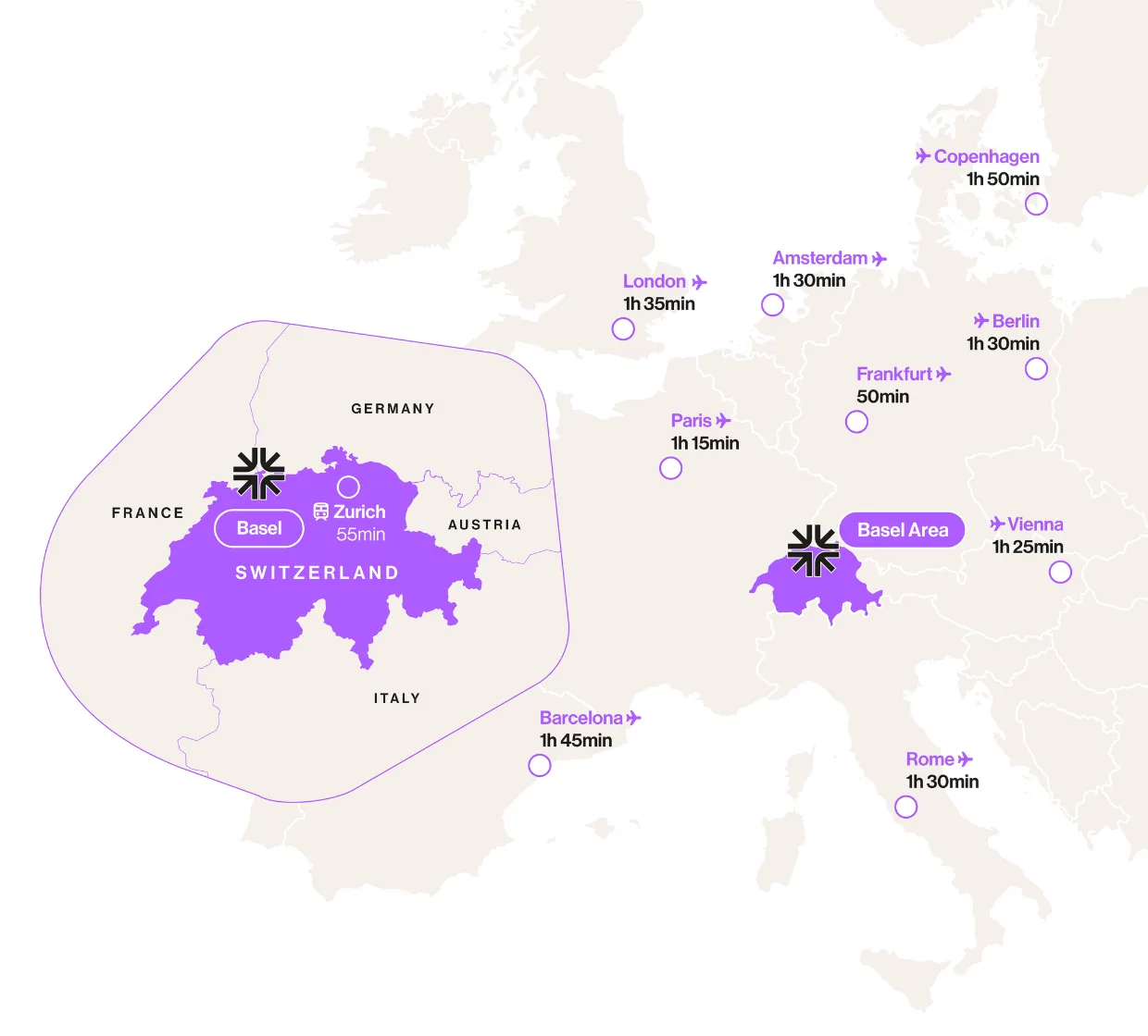 Map Basel in Switzerland and Basel Area in Europe