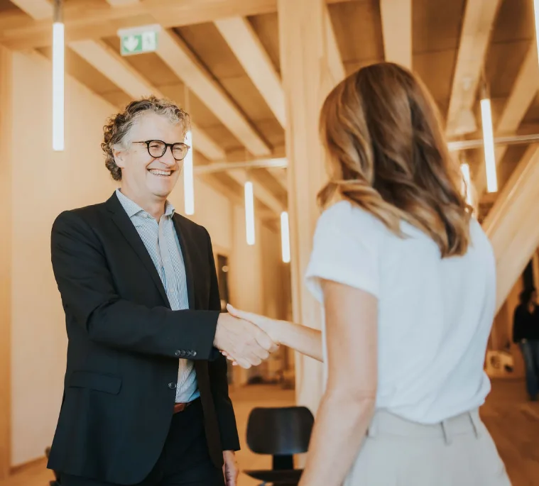 Colleagues shaking hands, smiling