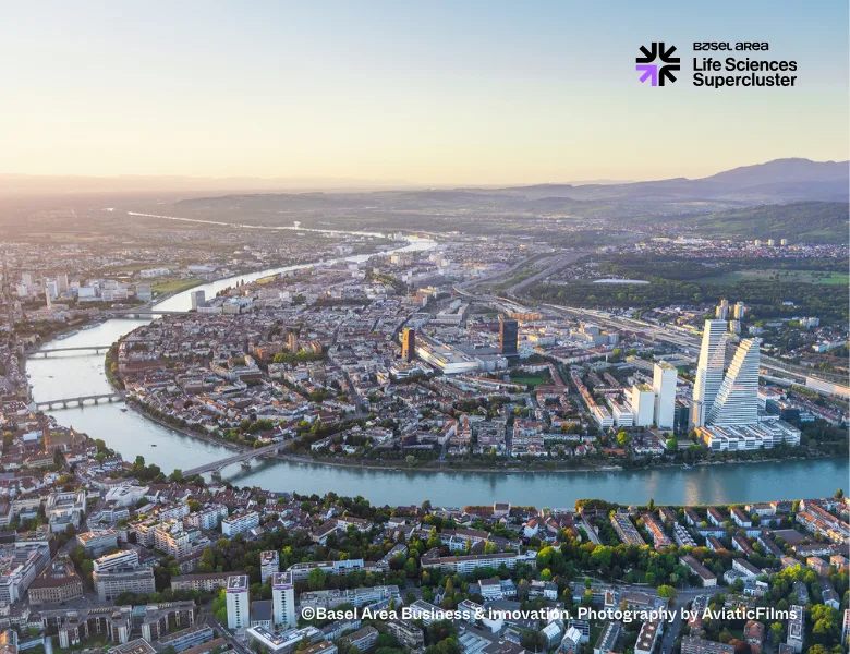 Basel view with The Life Science Supercluster Logo
